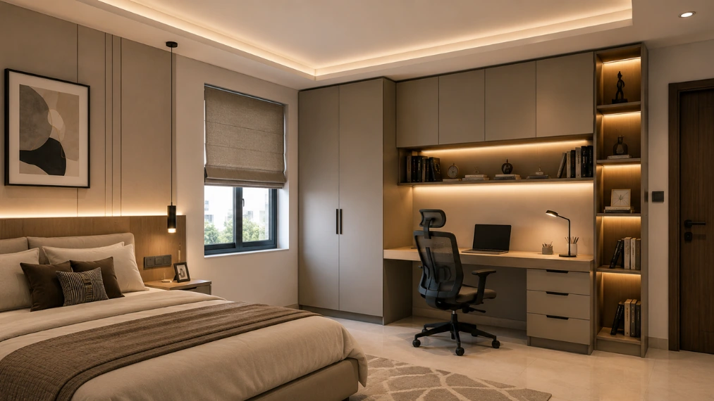 Modern-bedroom-design-with-integrated-study-desk-and-wardrobe-unit