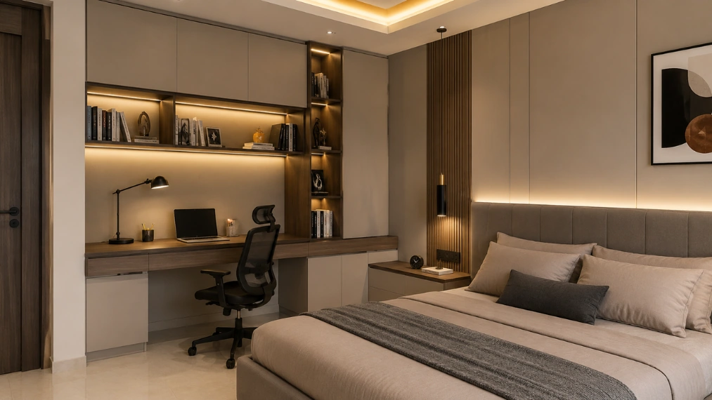 Modern-bedroom-featuring-built-in-home-office-workstation-and-warm-ambient-lighting