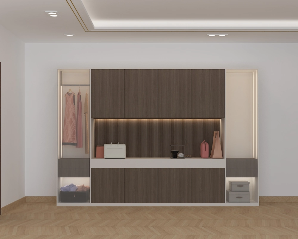 Modern-closet-system-with-dark-wood-central-display-and-accent-lighting