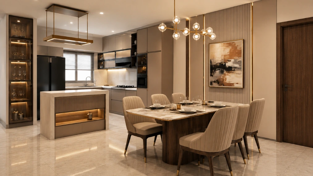 Modern-dining-room-interior-with-open-kitchen-design-for-a-luxury-2BHK-apartment