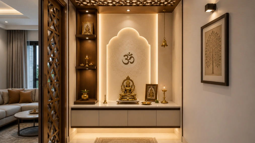Modern-home-pooja-room-interior-design-with-warm-lighting-and-wooden-jali-screen