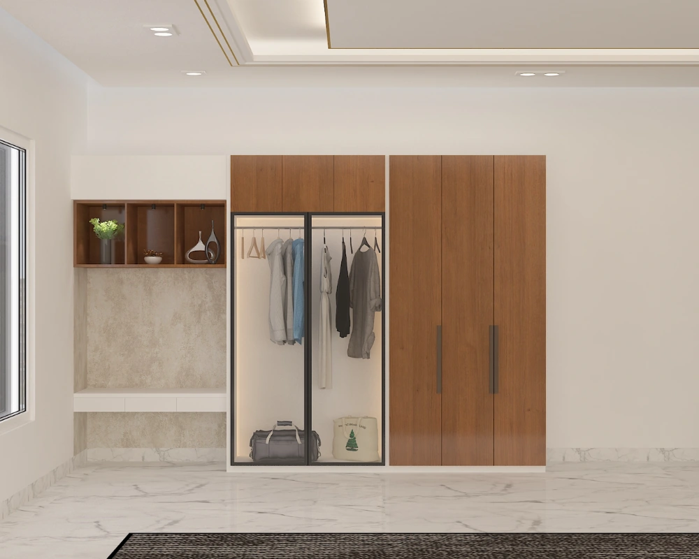 Modern-wardrobe-design-with-glass-hanging-section-wood-and-marble-vanity