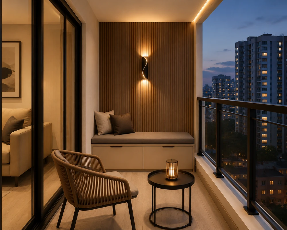 Small-apartment-balcony-design-with-elegant-bench-seating-and-city-skyline-view