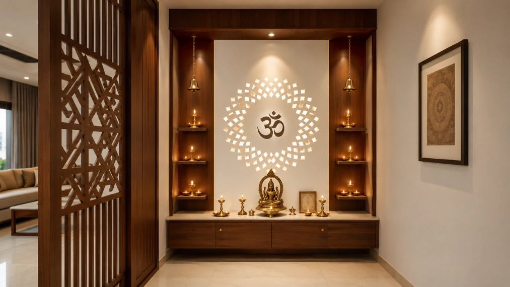 Small-pooja-room-design-with-wooden-storage-and-decorative-wall-panel