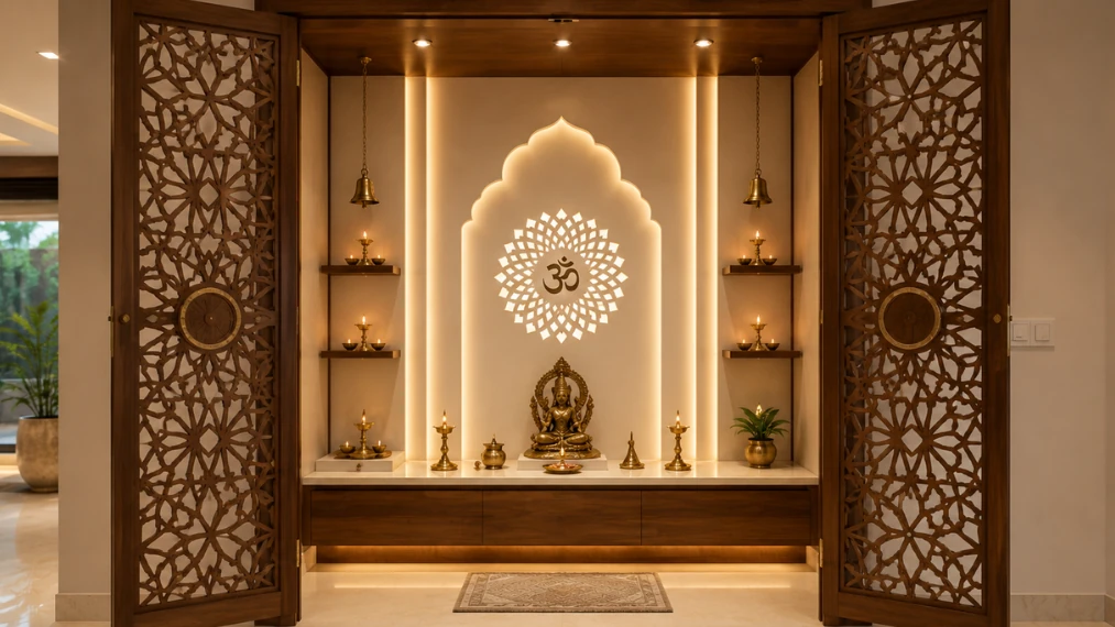 Wooden-jaali-pooja-room-design-with-floating-cabinet-and-brass-decor