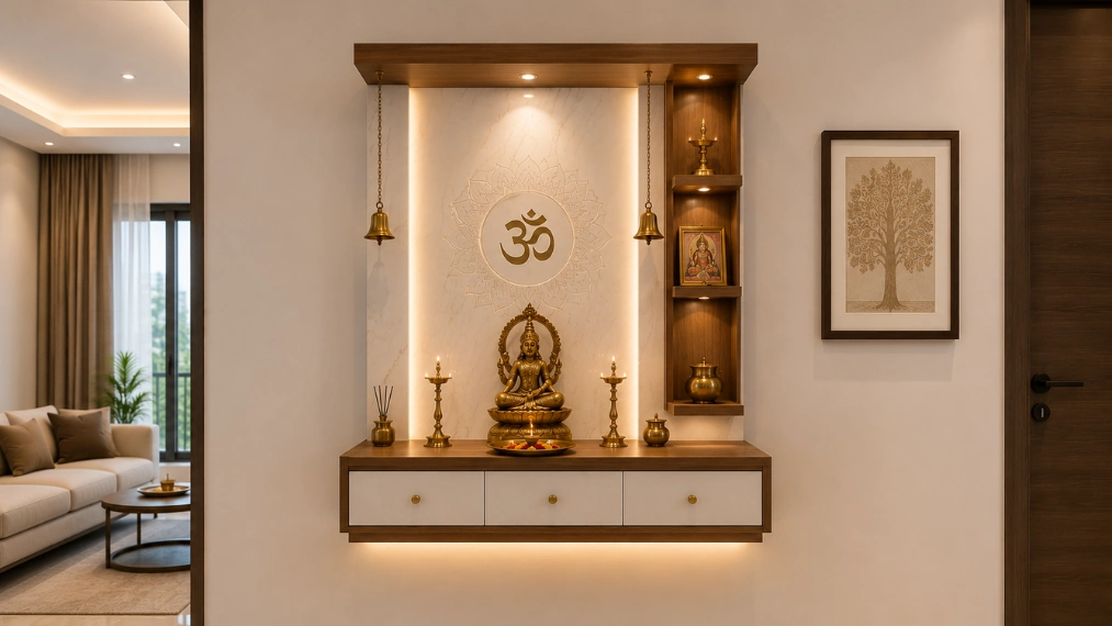 Wooden-wall-mounted-pooja-unit-design-with-floating-storage-cabinet